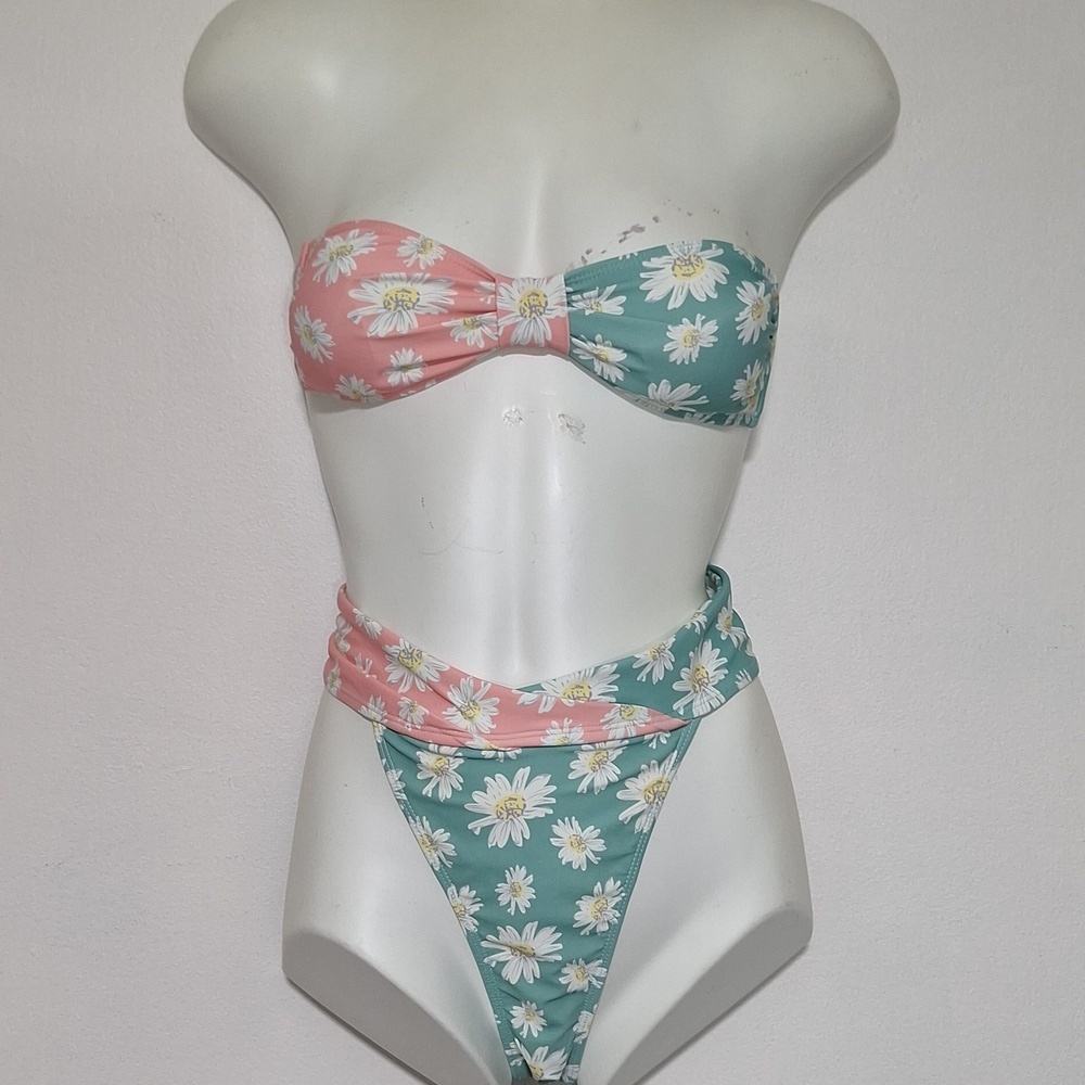 Nasty Gal Floral Bikini Set in Pink and Green Bandeau